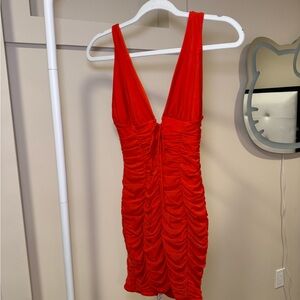 Oh Polly Red Ruched Deep V Mini Dress
